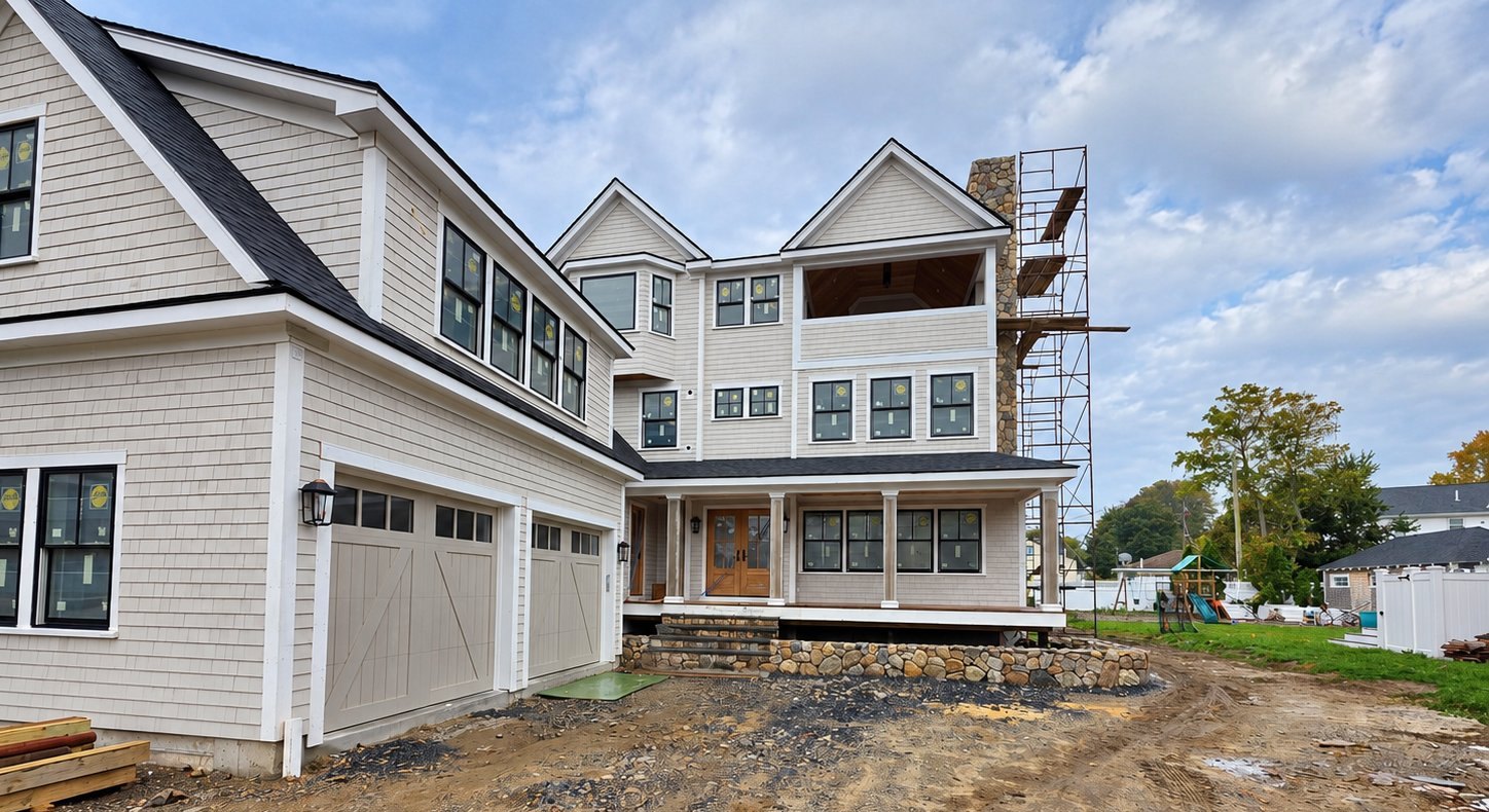 93 Barker Rd, Scituate. Front elevation of the shingle-style residence under construction, with its stone chimney and columned porch.