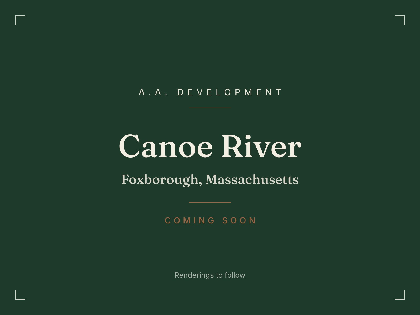 Canoe River, Foxborough. A private gated enclave of six custom estate residences by A.A. Development. Renderings to follow.