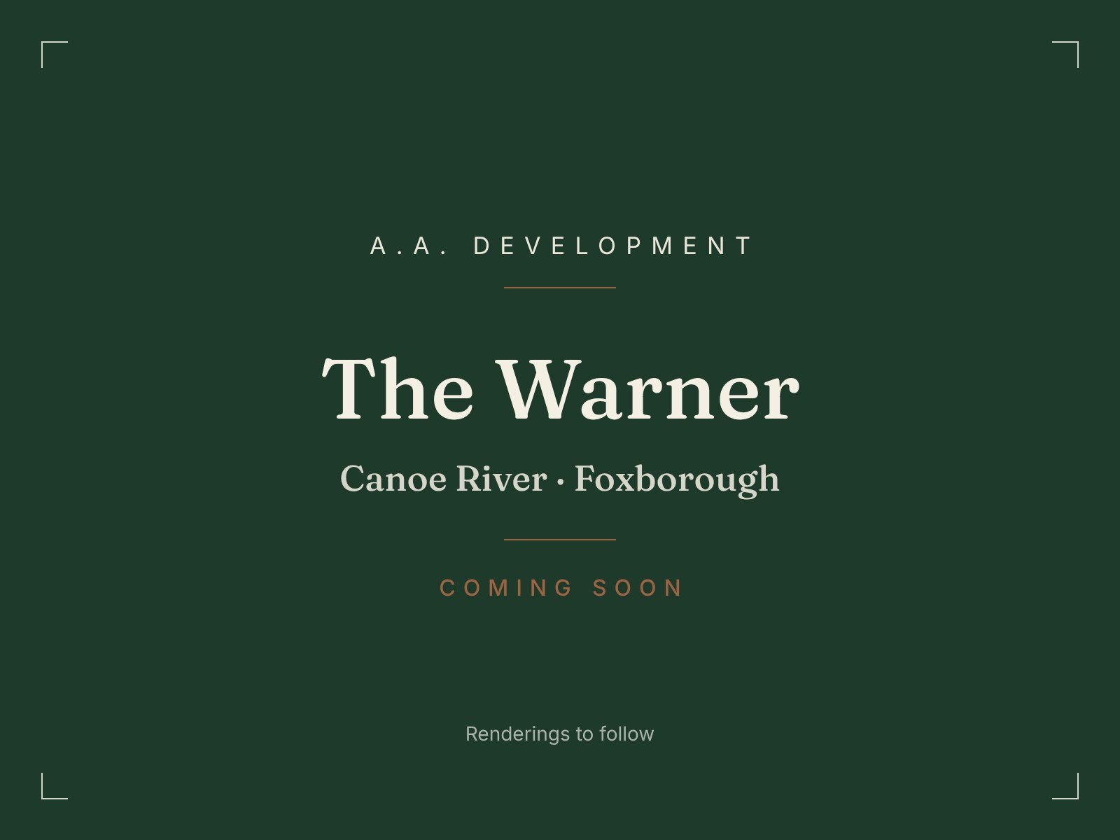 The Warner at Canoe River, Foxborough. Custom estate residence by A.A. Development, coming soon. Renderings to follow.