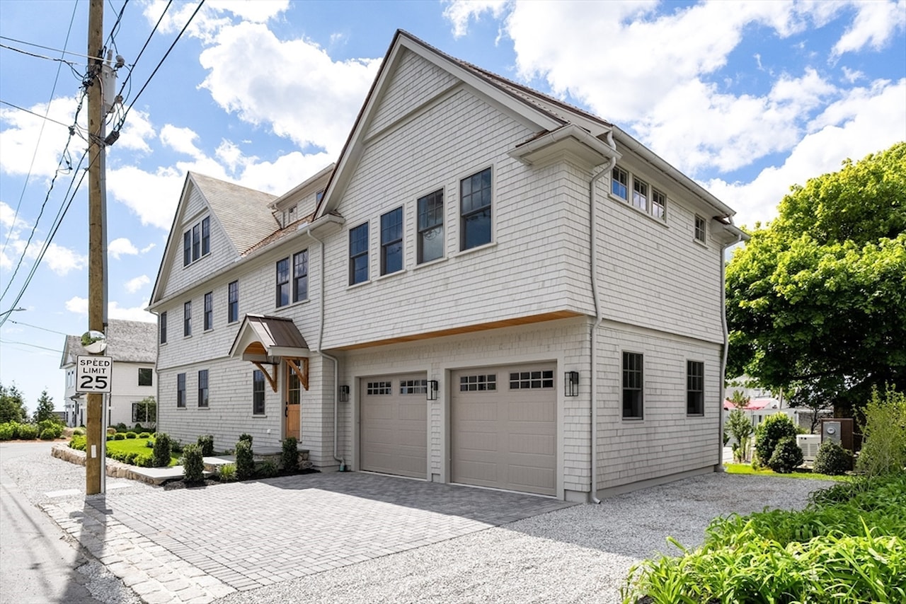 2 Collier Road, Scituate. Front elevation of the new-construction coastal residence.