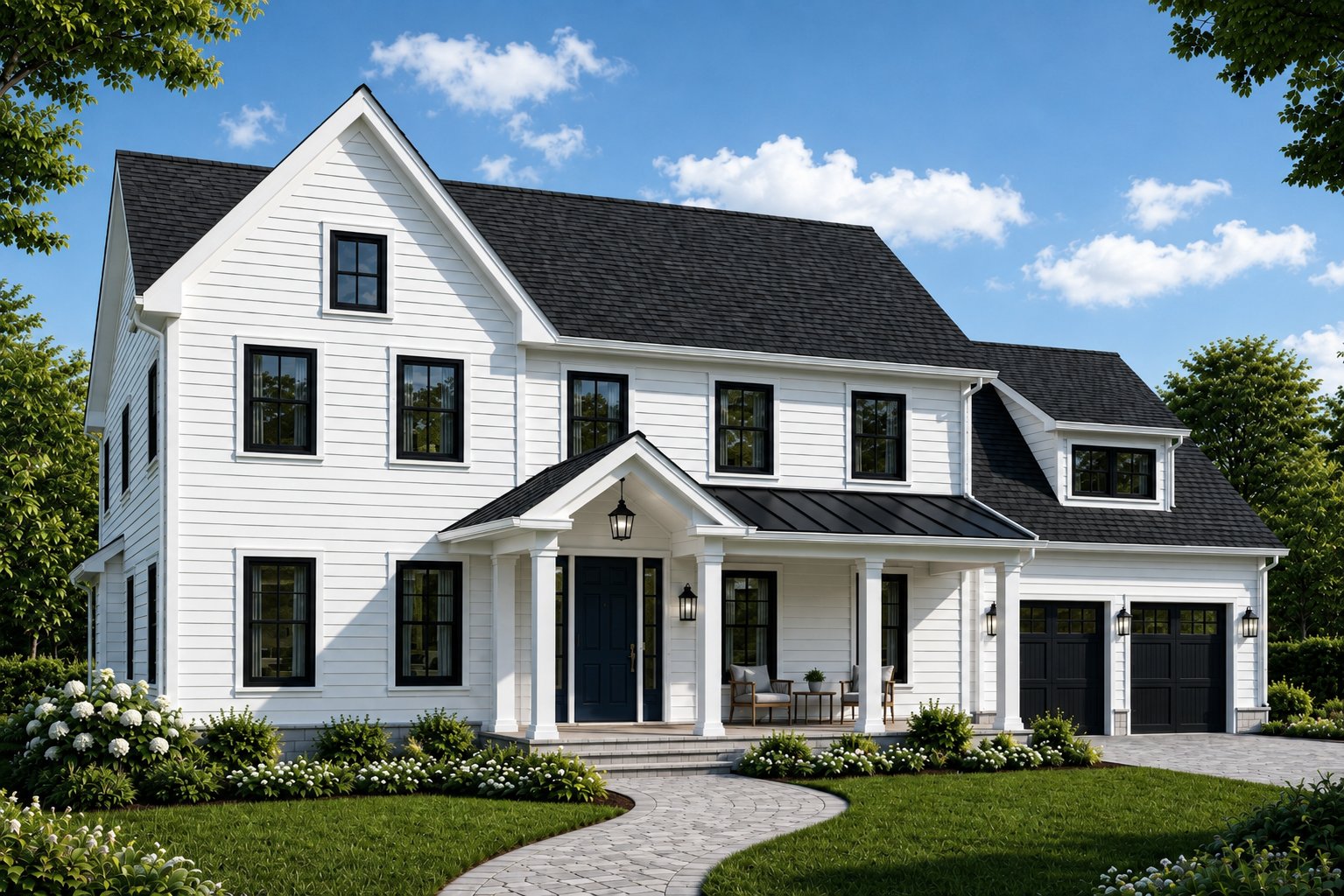 506 North Main Street at The Harbor Ridge, Cohasset. Modern New England farmhouse with a gabled entry portico.