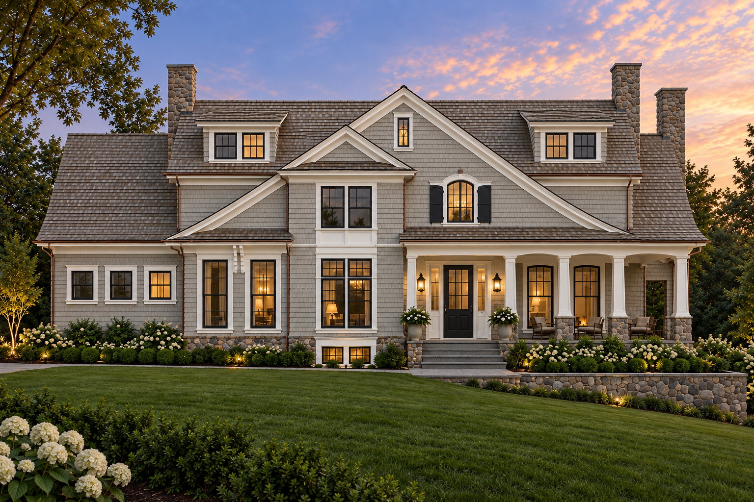 The Bassing at Lavinia Lane, gabled Shingle Style residence with a columned porch on fieldstone piers and terraced stone garden walls