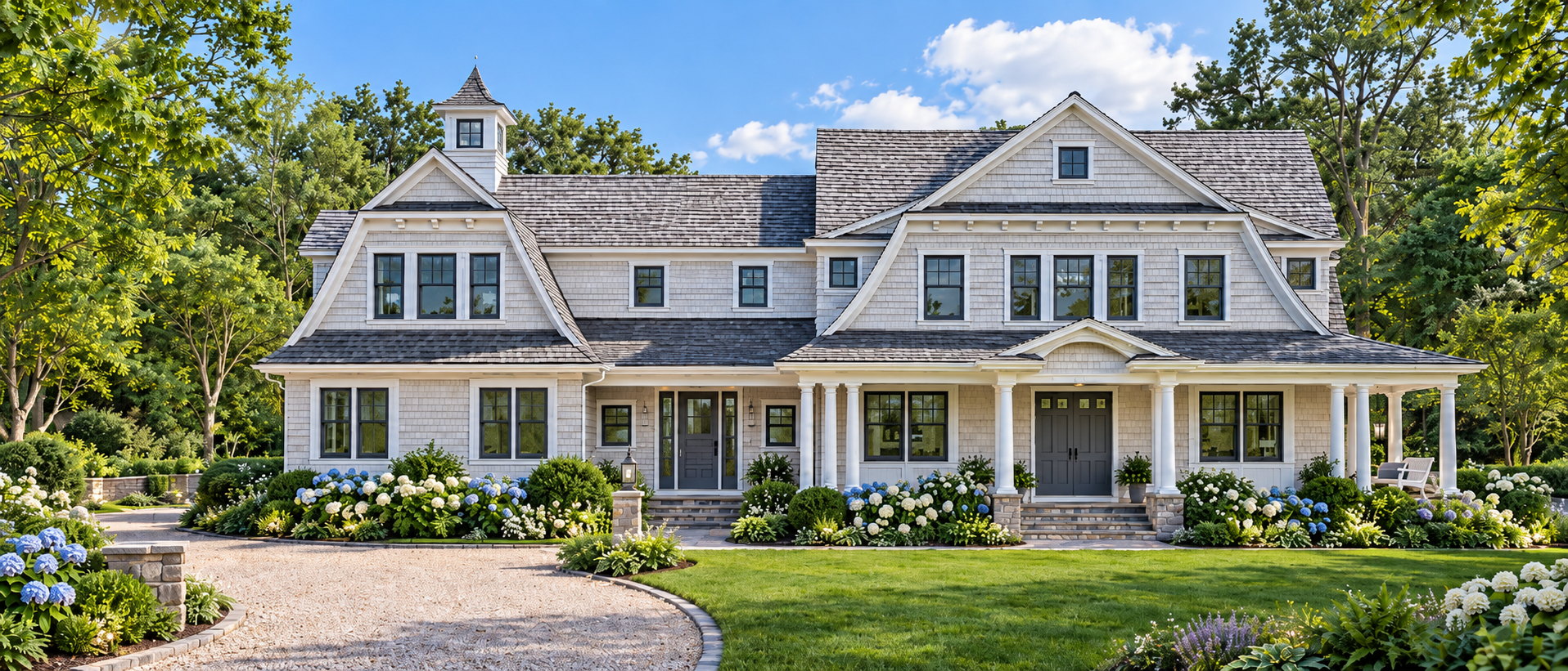 The Minot at Lavinia Lane, shingle-style residence with twin gambrels, cupola, and columned porch