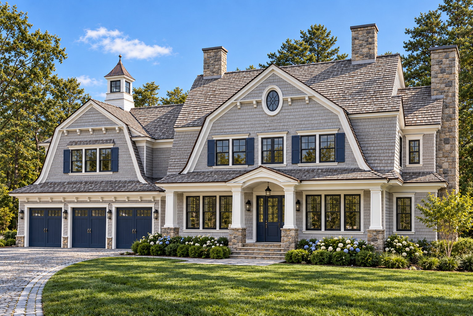 The Sandy Cove at Lavinia Lane, Cohasset. Contemporary Shingle Style gambrel estate residence in weathered cedar shingle with navy shutters, a cupola, and fieldstone chimneys.