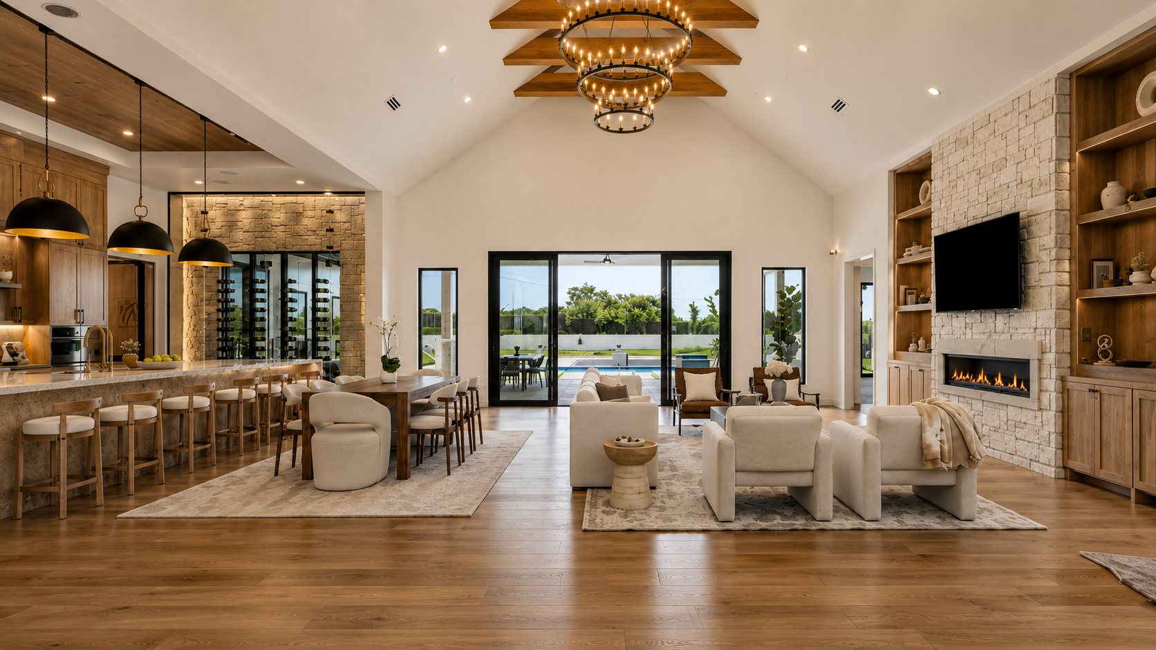 27 Spring Street, Hanson. Great room with cathedral ceiling, timber beams, stone fireplace, and glass walls to the pool. Architectural rendering.